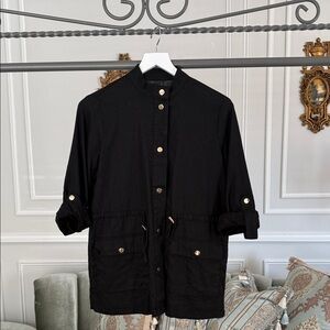 ZARA LINEN BLEND BUTTON FRONT JACKET DRAWSTRING WAIST BLACK SIZE XS